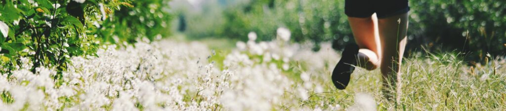 Fruchtbarkeit: Mann geht durch Blumenwieseeben